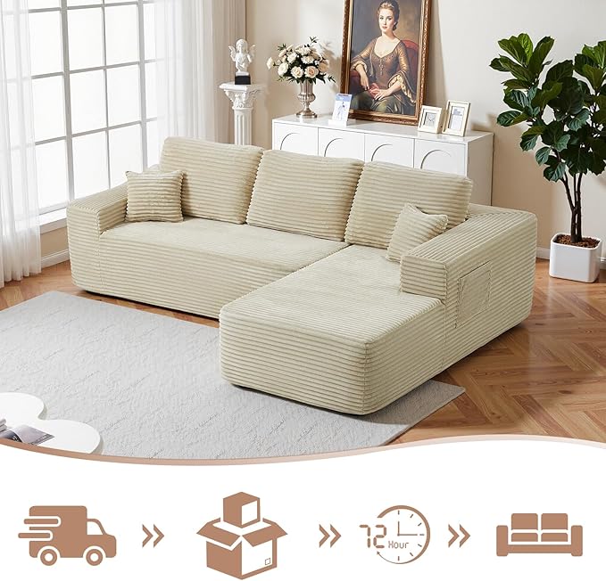 104 inch Boneless L-Shaped Sectional Sofa with Throw Pillow & Side Pockets- No Assembly Compressed Modular Couch, Memory Foam, Deep Seat for Living Room, Bedroom, Apartment White Right