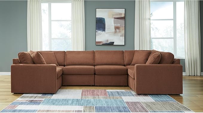 Signature Design by Ashley Modmax Contemporary Stain Resistant 6-Piece Sectional with Armrest, Throw Pillows and Reversible Cushions, Orange