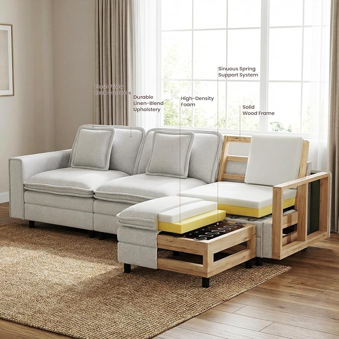 Modular Sectional Sofa 107", Comfy Cloud Couch with Ottoman, Deep 4-Seat L Shaped Modular Sofa, Couches with Throw Pillows for Living Room, Beige