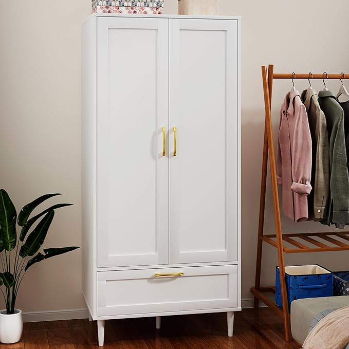 Gyger Wardrobe Closet with Drawer, Armoires and Wardrobes with Shelves and Hanging Rail,Freestanding Wooden Wardrobe Cabinet for Bedroom,White