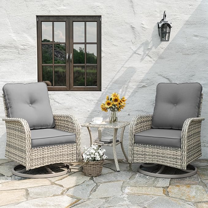 Outdoor Patio Furniture Set Patio Rocking Swivel Chair with Tempered Glass Side Table, Outdoor Wicker Rattan Bistro Set with Ottomans for Garden, Deck, and Balcony, Grey