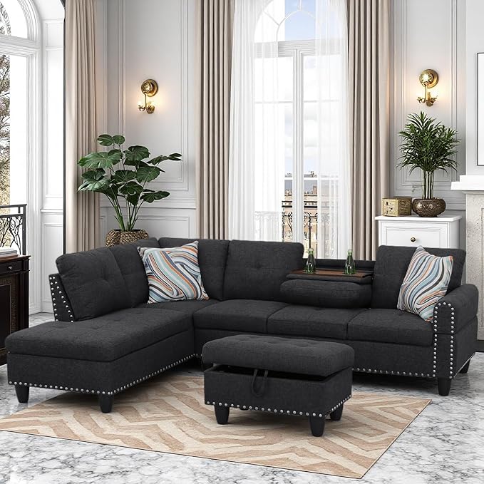 Sectional Couches for Living Room Furniture, 4 Seat L Shaped Couches with Ottoman, Modular Sectional Sofa for Apartment Furniture Sets, Grey