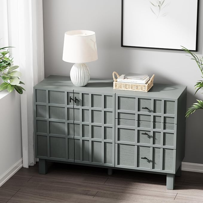 Aoikax Modern Sideboard Buffet Cabinet with 2 Doors & 3 Drawers, Minimalist Grid Carved Pine Front Storage Cabinet for Living Room, Kitchen, Ash Veneer Top, Metal Legs, Light Green - Image 7
