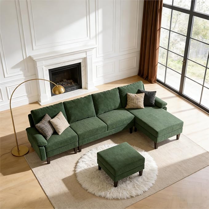 Modern L-Shaped Sectional Sofa with Storage Ottoman, Apartment Sectional Couch with Left Facing Chaise, 3-Piece Living Room Sofa Set, 115 Inch Furniture, Green