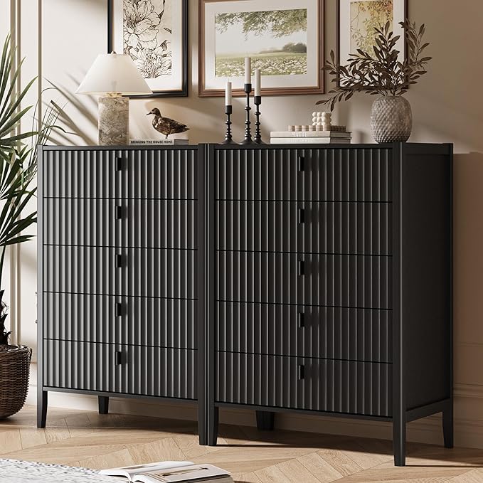 MAISONARIA 3-Piece Dresser Bedroom Set, 5 Drawer Dresser & 2 Drawer Nightstands with Metal Handles, Fluted Wood Chest of Drawers for Bedroom, Living Room, Entryway, Black