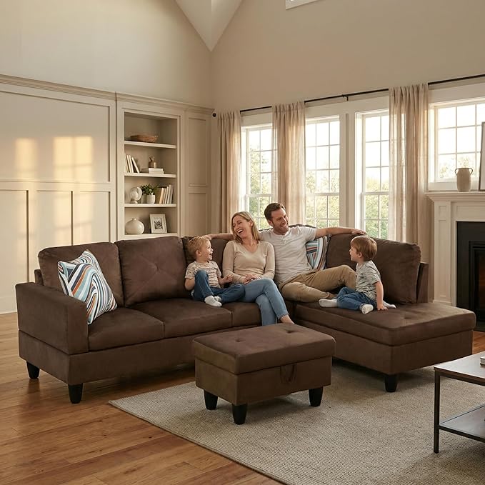 NicBex Modular L-Shaped Sectional Couches, 3-Piece Convertible Couch with Storage Ottoman, 4-Seat Comfy Sofa with Chaise for Living Room & Apartment, Brown