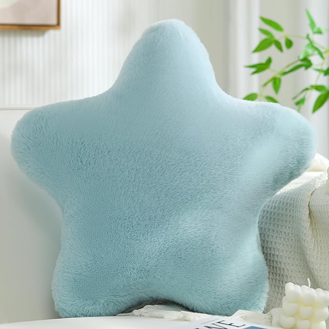 YRXRUS Star Pillows, Light Blue Star Shaped Pillow, Decorative Throw Pillow Gifts, Cute Plush Room Decor, Fluffy Faux Rabbit Fur 18"x18" Pillows for Living Bedroom