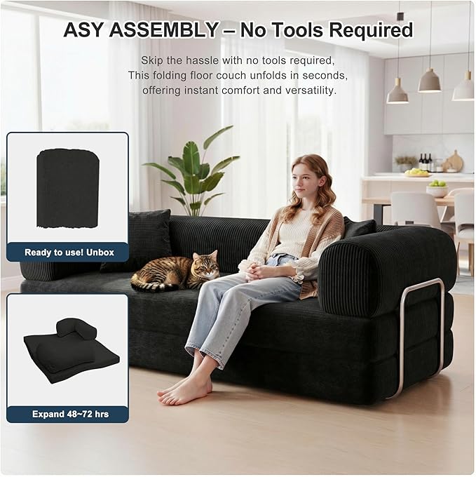 78 Inch Folding Convertible Sofa Bed, 4-in-1 Oversized Cloud Corduroy Upholstered Boneless Couch, Loveseat Sleeper with Pull Out Bed, Modular Futon Floor Sofa Couch for Living Room Bedroom Lounge