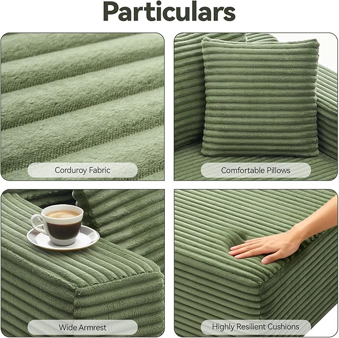106" Modular Sectional Sofa, Green Corduroy Cloud Couch with Right Chaise, Deep Seat Boneless Floor Sofa for Living Room, High-Resilience Foam Support, No Assembly Required, Includes Pillows | Sectional Sofa, Corduroy Cloud, Boneless, High-Resilience, ...