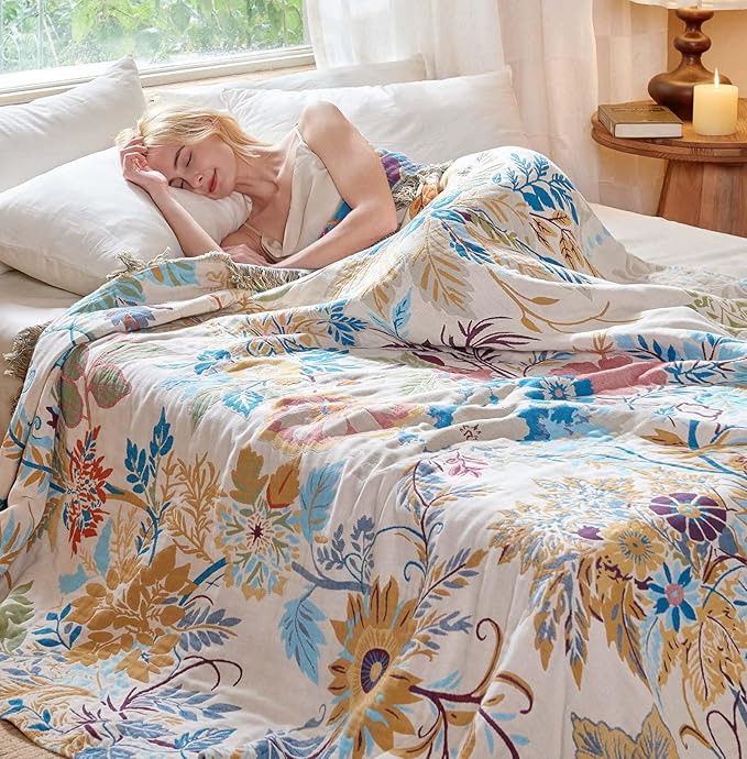 Boho Throw Blanket - 100% Cotton Throw Blankets for Bed Couch, 50"x60" Soft Muslin Lightweight Spring Throw Blanket, Cozy Floral Plant Printed Bohemain Bedding Decor Green Throw Quilt