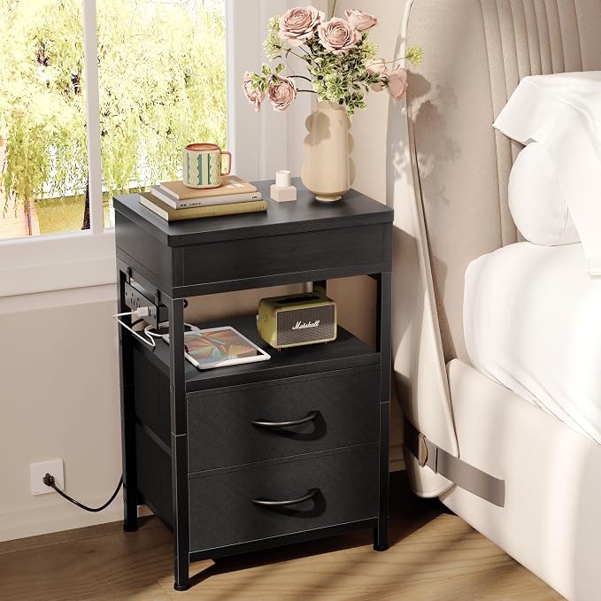 Lazzanto Nightstand Hidden Drawer Charging Table - Night Stand with Charger Station and Sliding Top Storage, Morden Bedside Table with 2 Fabric Drawers, for Dorm Living Room Bedroom, Black - Image 8