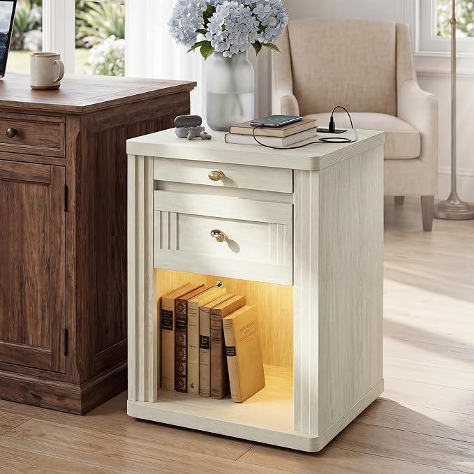 STO'SENSE Nightstand, Narrow Night Stands with Charging Station & Led Light, Wood Nightstand Bedside Table with Drawers & Pull-Out Tray, End Table for Bedroom, White Oak - Image 8