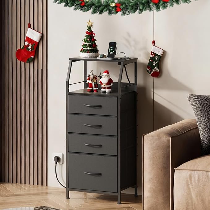 WLIVE Night Stand with Charger Station, LED Nightstand with 4 Fabric Drawers and Storage Shelf, Tall Dresser for Bedroom, 37.48" H Bedside Table with 3 USB Ports and Outlets, Black - Image 7