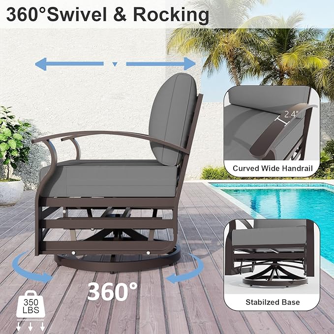 ALAULM Aluminum Patio Furniture Set with Propane Fire Pit Table 6-seat Metal Outdoor Furniture w/Swivel Chairs Patio Sectional Sofas w/5.1" Cushions for Patio, Backyard, Poolside-Grey
