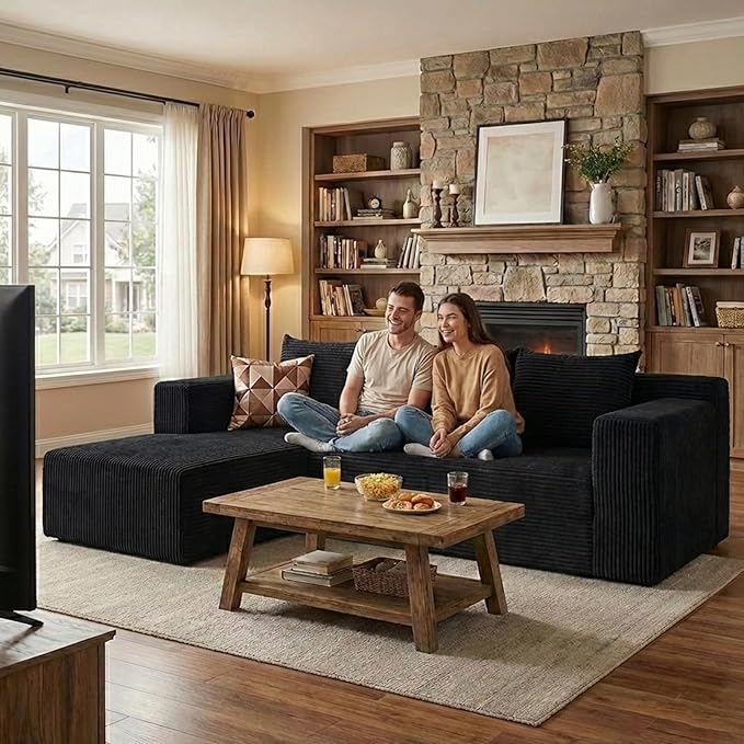 103" Cloud Sectional Sofa, Boneless L-Shape Couch with Chaise, Modern Minimalist Modular Couch for Living Room, Free Combination, Deep Seat, No Assembly Required, Premium Corduroy, Black, R
