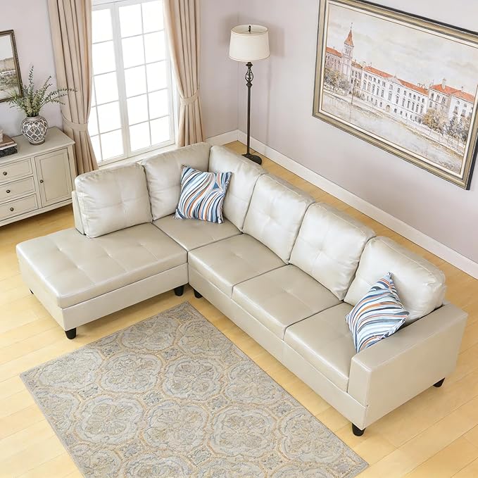 103.5 Inch Modern L-Shaped Couch, PU Leather Sectional Sofa with Chaise Lounge, 4-Seater Couch with Accent Pillows for Living Room, Apartment, Bright Light Grey