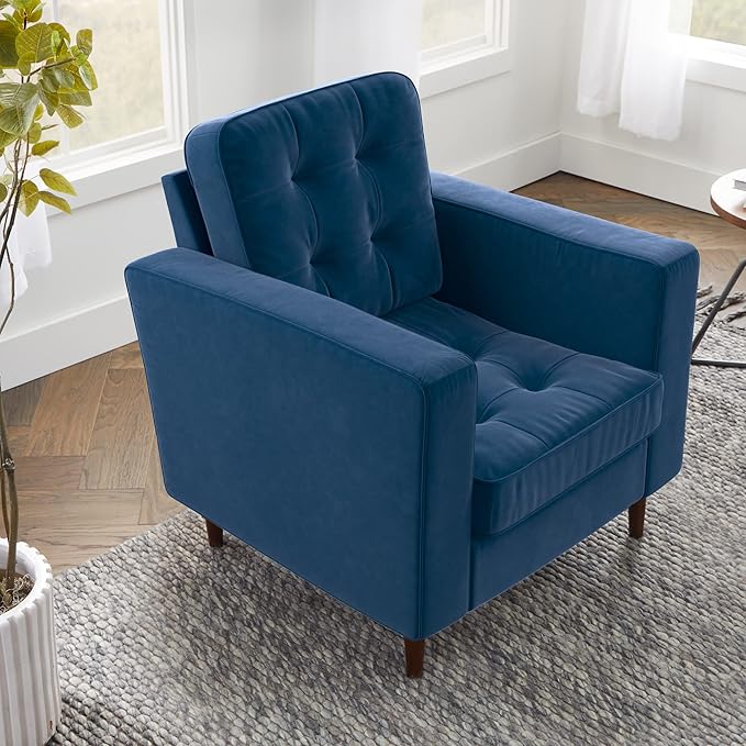Edenbrook Lynnwood Upholstered Accent Chair - Living Room Furniture - Office - Bedroom - Mid-Century Modern Design - Armchair - Buttonless Tufting - Simple Assembly - Solid Frame - Navy Velvet