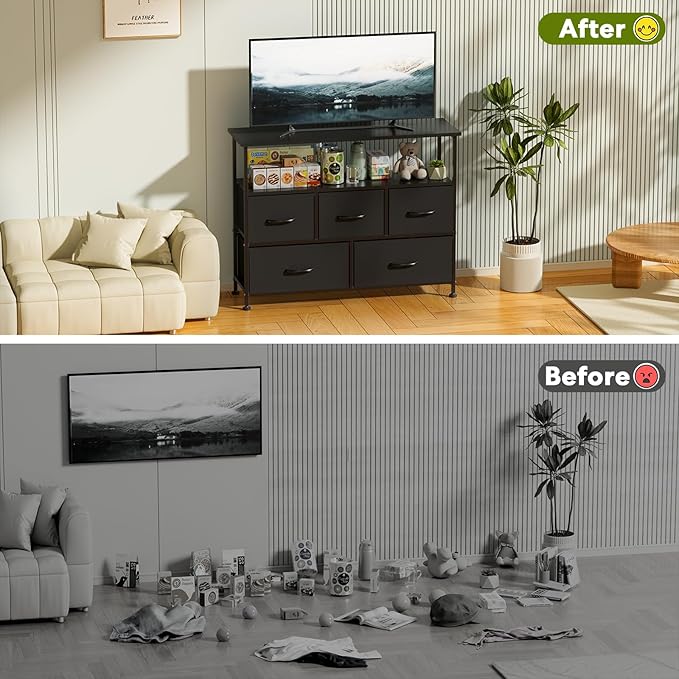 Simple Deluxe TV Stand Dresser for Bedroom Entertainment Center with 5 Fabric Drawers, Storage Organizers Units for Living Room, Media Console Table with Open Shelf up for 45" TV, Black, Wood top