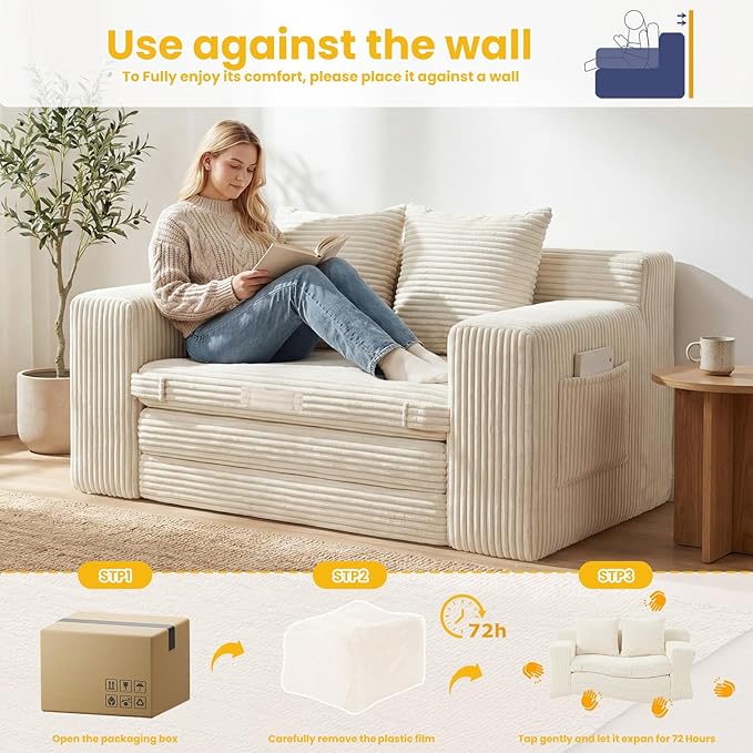Boneless Loveseat Sleeper Sofa Bed: 3-in-1 Convertible Sofa Bed with Side Pockets & Handle,Pull Out Couch with 2 Pillows,Folding Futon for Small Space,Living Room & Bedroom,Corduroy Fabric,No Assembly