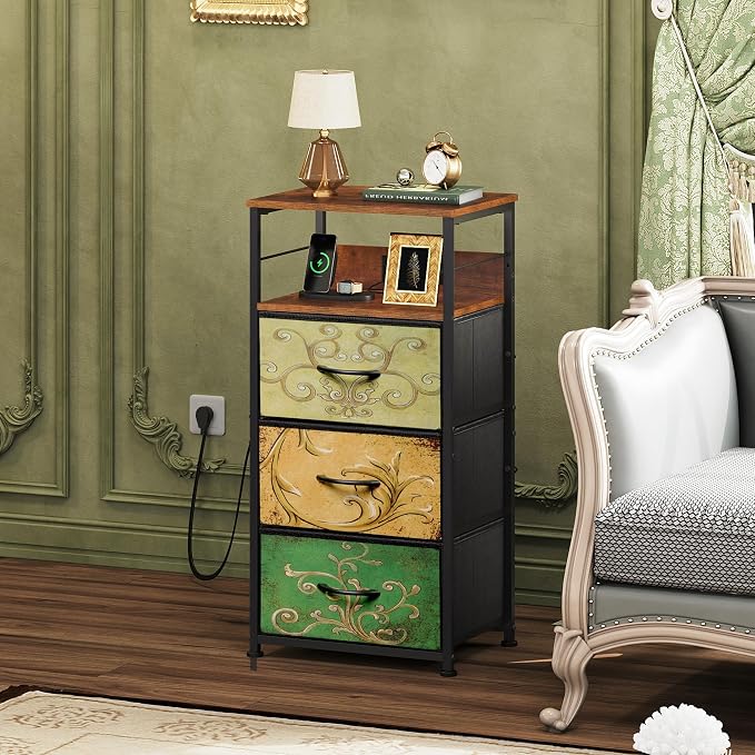 WLIVE Nightstand with Charging Station, 31.9" H Nightstand with 3 Fabric Drawers, LED Bedside Table with USB Ports and Outlets, End Table for Dorm, Bedroom, Entryway, Floral Painted - Image 7