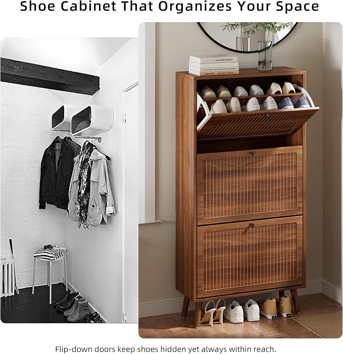 Fsbecl Shoe Storage Cabinet for Entryway with 3 Flip Drawers, Narrow Shoe Organizer with Fluted Panel, Freestanding Wood Hidden Shoe Cabinet for Hallway (Walnut, 23.6''W, Double Layer) - Image 9