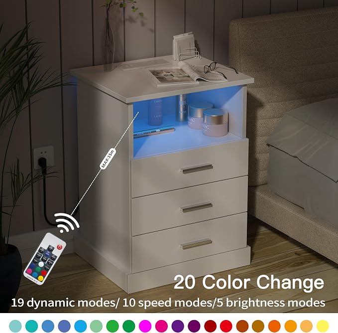 Halitaa Nightstand with Charging Station, LED Lights Side Table with 3 Drawers, End Table for Bedroom Office White - Image 6