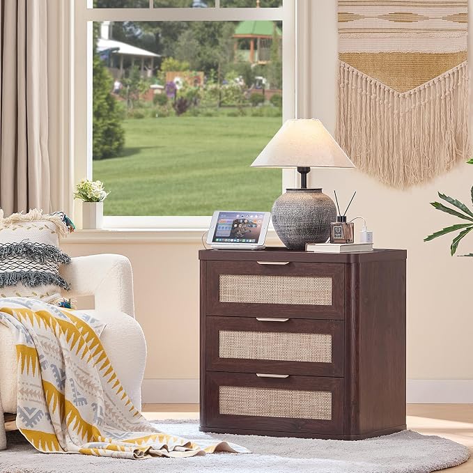 LEYAOYAO Rattan Night Stand with Charger Station, 23" Large 3 Drawer Boho Nightstand, Walnut Bedside Table Storage Cabinet, Bed Side End Tables for Bedroom, Living Room, Hallway - Image 9