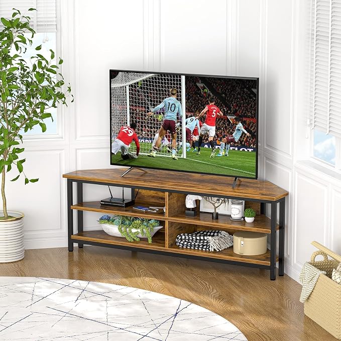 Unikito 55'' Corner TV Stand with Power Outlet, Corner Entertainment Center TV Console Table with 4 Open Storage Shelves, Metal Frame for Living Room, Bedroom, Industrial 60'' Corner TV Stand, Rustic - Image 8