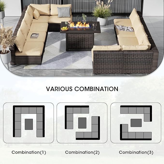 Patio Furniture Set 11 Pieces with 44" Fire Pit Table, Rattan Outdoor Sectional Conversation Sets, All Weather Outdoor Furniture Set with Cushions for Garden Lawn Balcony Porch Deck Beige