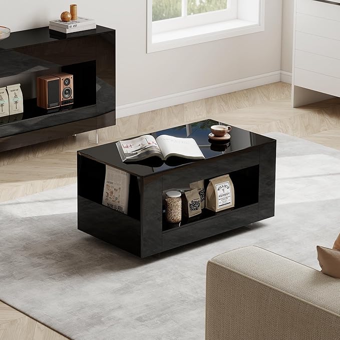 High Gloss Wood Coffee Table for Living Room, Sides Storage with Transparent Legs, Modern 2-Tier Storage Shelf Center Table for Home Office, Apartment, Black