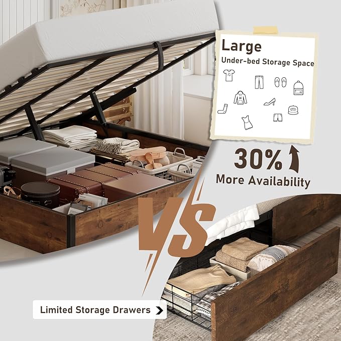 LUXOAK 3 Pieces Bedroom Sets, Includes Full Size Lift Up Storage Platform Bed Frame, 2 Drawers Farmhouse Nightstand Set of 2 with Charging Station, No Box Spring Needed, Rustic Brown