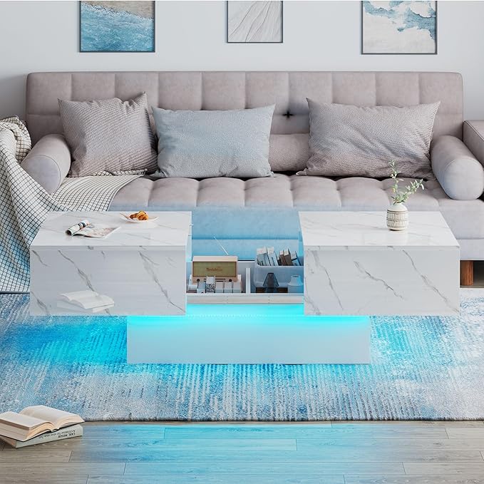 White Marble LED Coffee Table with Storage for Living Room, Living Room Table Rectangular Center Table, Modern High Glossy Wooden Coffee Tables for Dining Reception Room