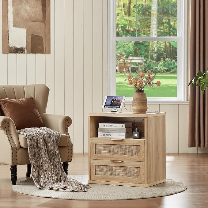 LEYAOYAO Rattan Nightstands Set of 2 with Charger Station, 23" Wide Boho Night Stand with 2 Drawers, Natural Wood Bedside Table Open Shlef, Bed Side End Table Dresser for Bedroom, Living Room Hallway - Image 9