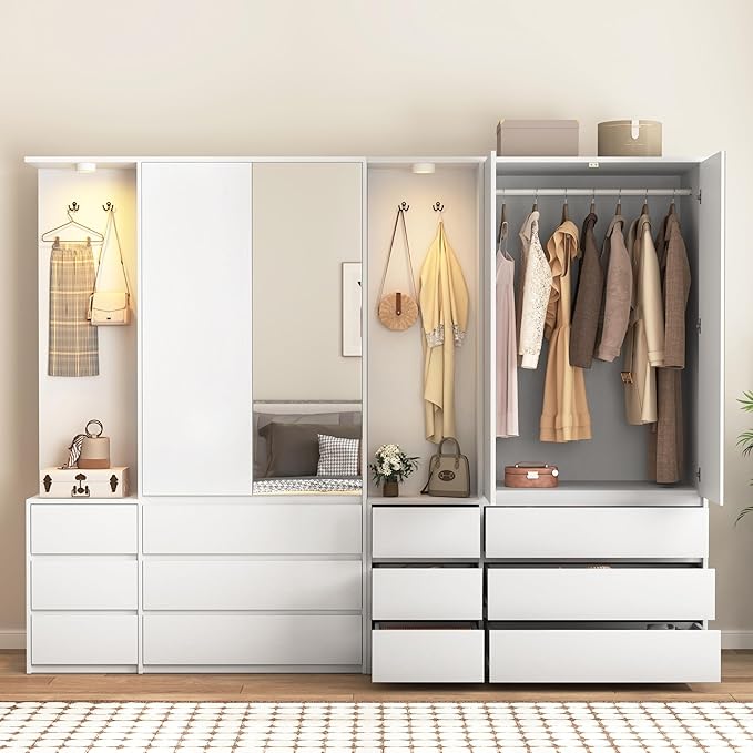 72'' Armoire Wardrobe Closet with Mirror Door & LED Lighting, Large Freestanding Modern Wooden 2 Doors Closet with 6 Drawers & 3 Storage Shelves & Hanging Rod & 2 Hooks for Bedroom (White)