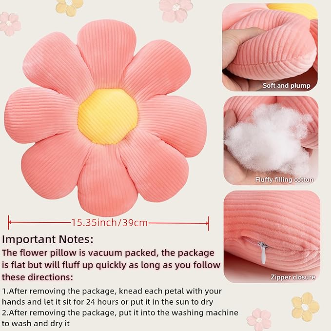 2 Pcs Sage Green Throw Pillow Decorative Flower Pillows for Room Decor, 15" Cute Aesthetic Flower Daisy Shaped Throw Pillows for Bedroom Bed Couch Chair Classroom (White+Green, 15.35 Inch)