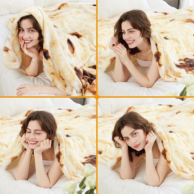 LetsFunny 80in Burrito Tortilla Throw Blanket, 2.0 Double Sided Burritos Taco Tortilla Wrap Blankets for Women Men Teen Boy Girl, Giant Funny Realistic Soft Flannel Food Blankets