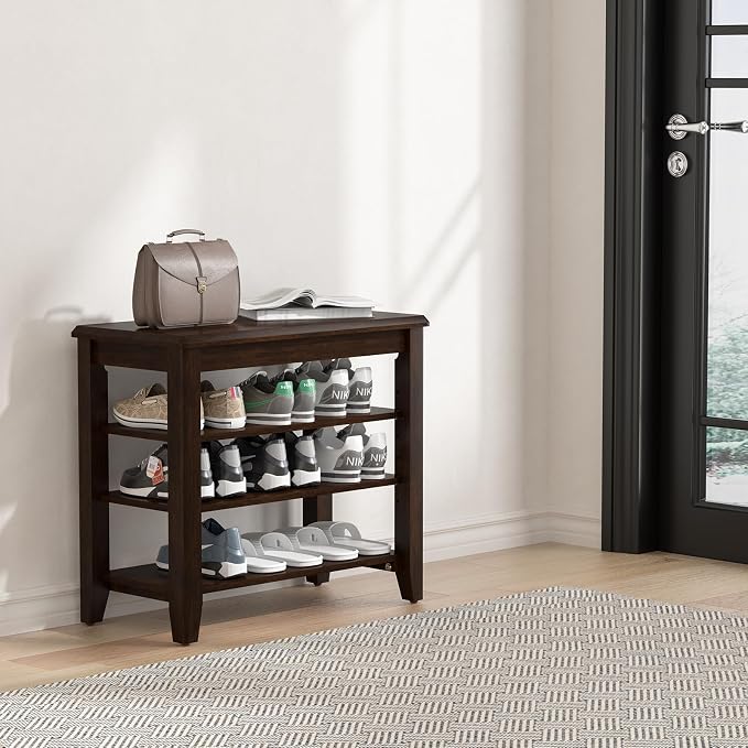 Taitiy Shoe Bench Storage Rubberwood, Entryway Bench with 3-Tiers Height Adjustable, Shoe Rack Front Door Entrance Organizer for Hallway Living Room, Mudrooms, Walnut,23.6" - Image 8