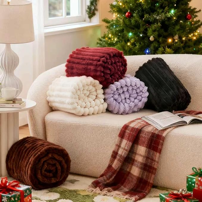 EXQ Home Fleece Throw Blanket for Couch or Bed - 3D Stripe Jacquard Decorative Blankets - Cozy Soft Lightweight Fuzzy Flannel Blanket Suitable for All Seasons(50"??60",Red)