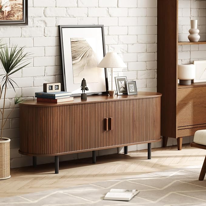 ONBRILL 55" TV Stand with Power Outlet for TVs up to 60 Inch, Entertainment Center with Storage and Adjustable Shelves, Modern Media Console with Sliding Doors for Living Room, Walnut - Image 8