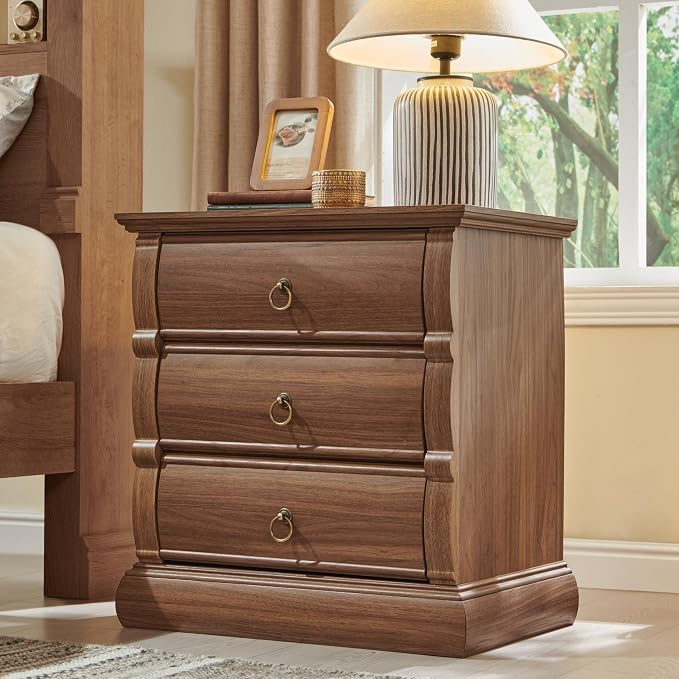 ACCOHOHO 22" Vintage Nightstand with 3 Curved Front Drawers & Retro Ring Pulls & Charging Station, Wood Bedside Table, End Table with Stable Base for Bedroom, Black Walnut Side Table - Image 9