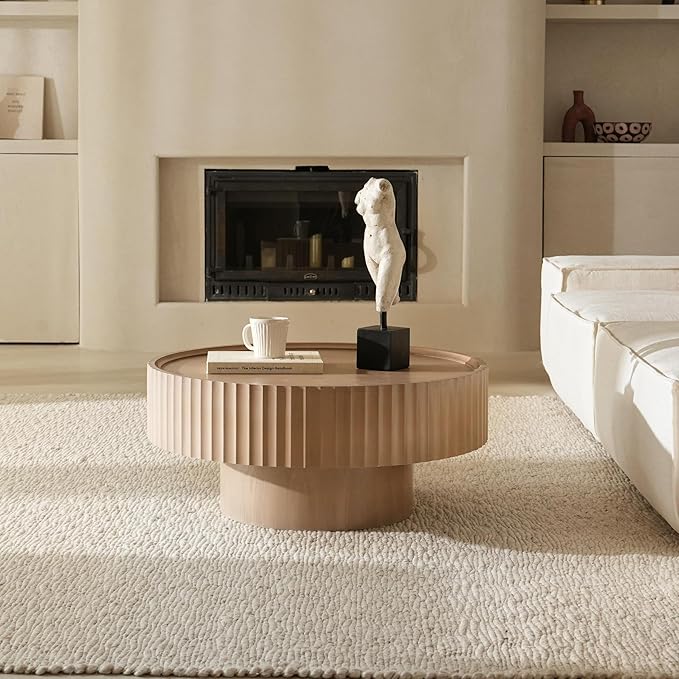 Round Coffee Table, 30.3in Modern Living Room Table, Fluted Drum Circle Tea Table with Storage, Accent Center Tables for Living Room, Apartment, Small Space(30.3''L×13.7''H)