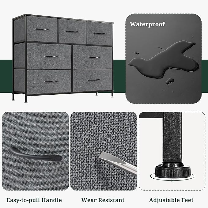 7-Drawer Dresser for Bedroom, Anti-Tip Wide Storage Organizer Fabric Chest of Drawers TV Stand for 45" TV with Wooden Top and Metal Frame for Closet, Living Room, Hallway, Entryway, Gray - Image 7