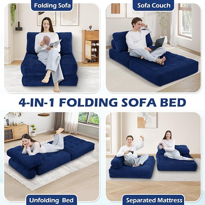 Folding Sofa Bed, Convertible Sleeper Chair with Pillow & Handle, Foldable Mattress Futon Chair Bed Lounge with Back Support, Comfy Floor Sofa for Living Room Bedroom, NavyBlue, Single