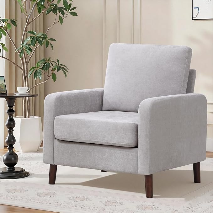 Accent Chair Set of 2, Upholstered Living Room Chairs with Wood Legs and Side Pockets, Modern Reading Chair for Bedroom, Armchair Single Sofa Side Chair for Office, Small Room, Light Grey