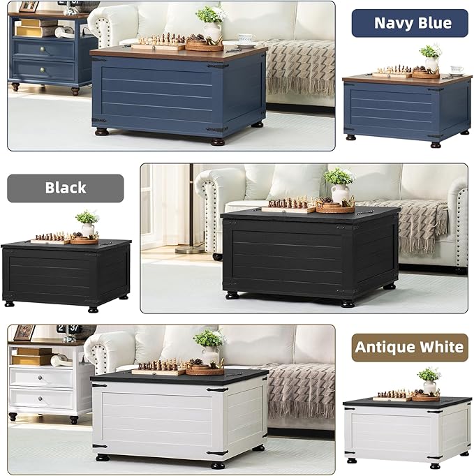 Farmhouse Coffee Table with Hidden Storage, 59 Gallon Square Center Table for Living Room, Rustic Wood Cocktail Tables with Flip-Top Lids, Farm House Tables with Wooden Gourd Feet, Navy Blue
