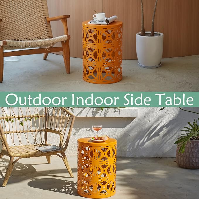 Y&M Metal Round Table, Coffee Table End Patio Table for Indoor Outdoor Multifunctional Use, Heavy Duty Metal Plant Stand Decorative Garden Stool Set of 3 - Orange - Image 8