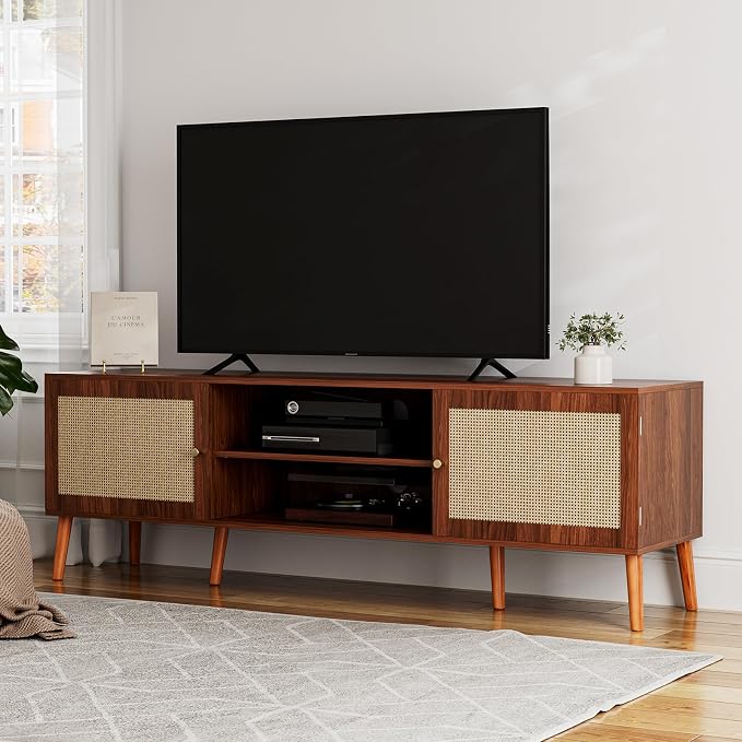 ZttRiee TV Stand for TVs up to 65'', Entertainment Center With Rattan Door, Shelves & 2 Cabinets, Long Boho Media Console for Living Room, Walnut - Image 8