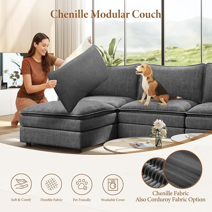 Vesgantti 101" V-Shaped Corner Couch Sectional, 7 Seat Customizable Modular Cloud Couches with Movable Ottoman, Chenille Deep Seat Sofa Set with Chaise for Living Room, Bedroom and Apartment, Gray