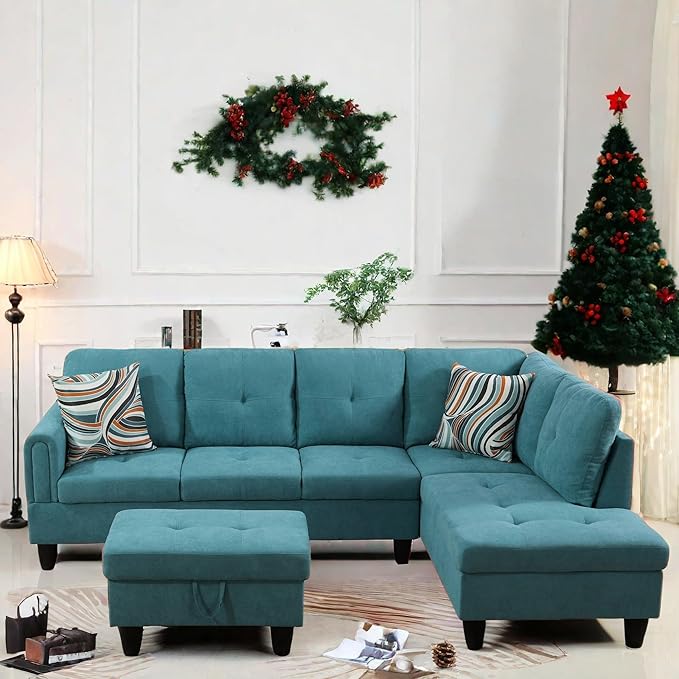 FONTOI L Shaped Sectional Couch with Otttoman, 97" Sectional Sofa for Living Room Flannel Modular Couches with Cup Holders for Bedroom, Apartments, Blue