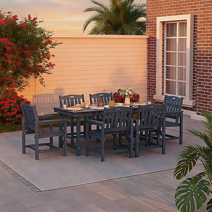 Mdeam 7-Piece HIPS Outdoor Dining Set, 66.9" Patio Table with Umbrella Hole, 440LBS Capacity, 6 Wider Chairs, Dining Table Set for 6, Indoor Outdoor Furniture with Galvanized Steel Frame, Navy Blue - Image 8